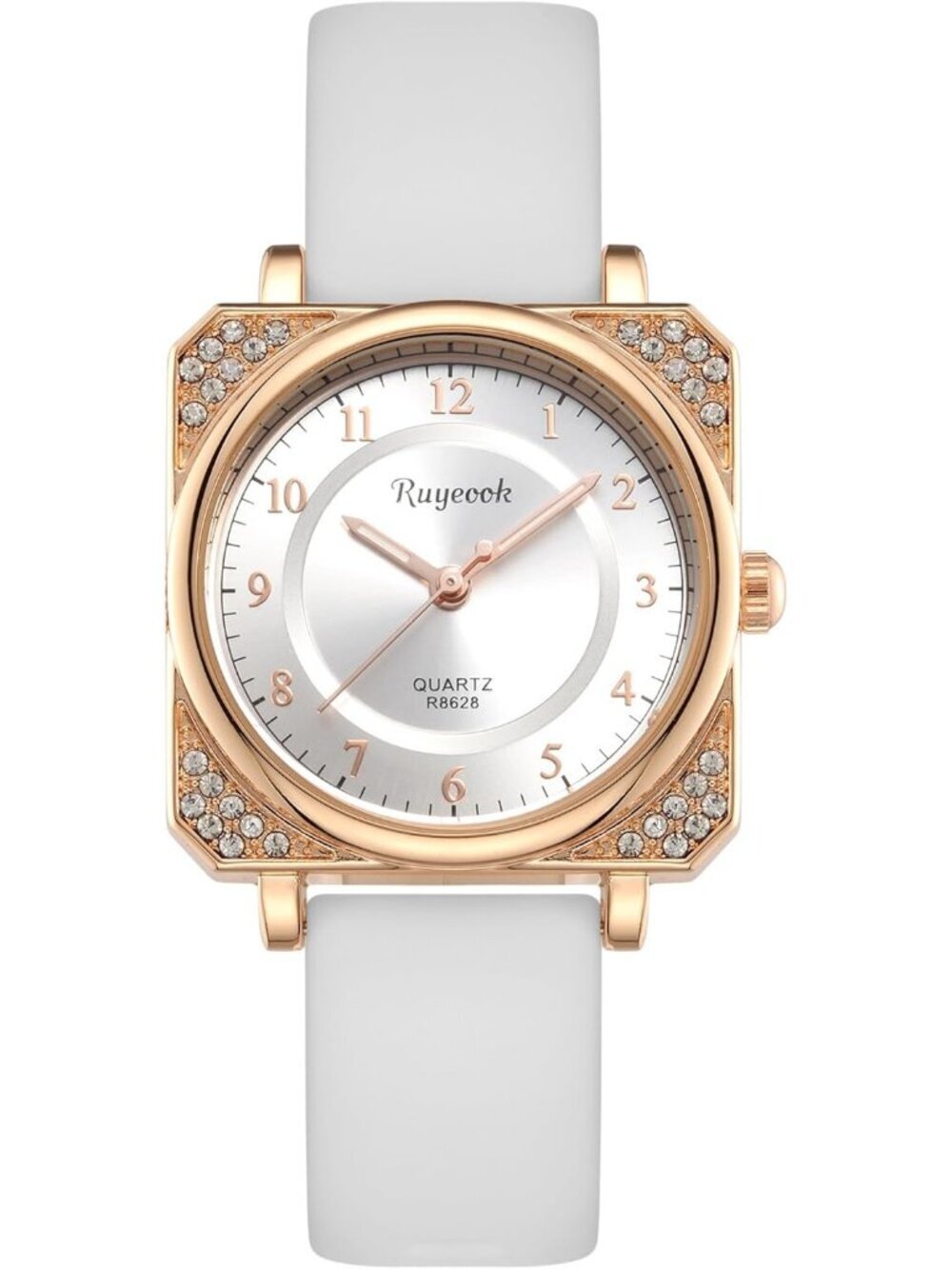 Women's White Analog Quartz Silicone Band Crystal Square Waterproof Wrist Watch